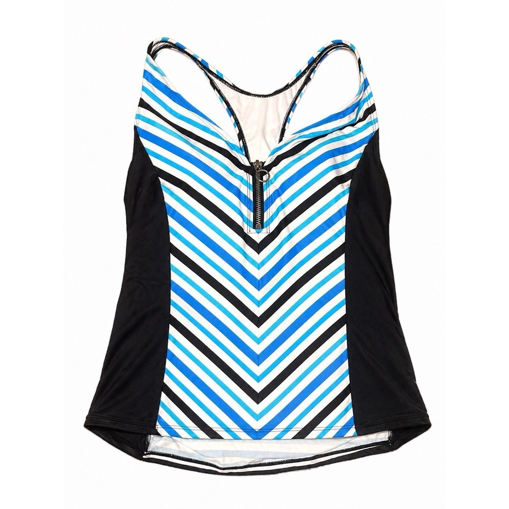 Beach House One Piece Swimsuit Size 12 Blue Striped Zip Front Racerback